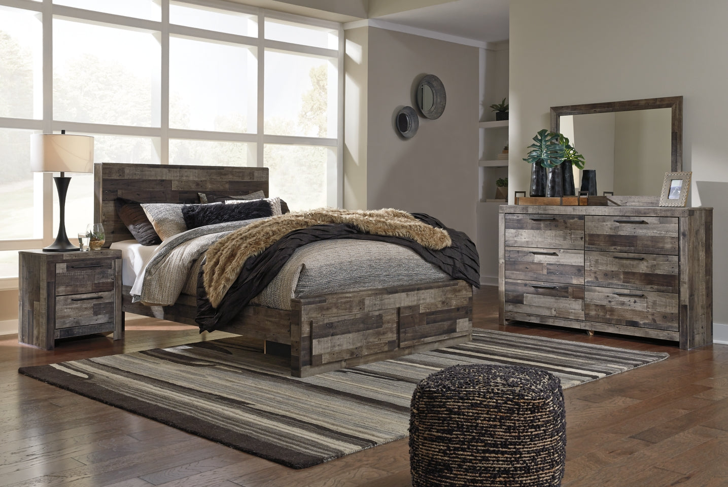 Derekson Queen Panel Bed with 2 Storage Drawers with Mirrored Dresser and Nightstand - furniture place usa