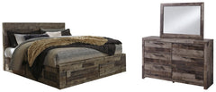 Derekson King Panel Bed with 2 Storage Drawers with Mirrored Dresser - furniture place usa