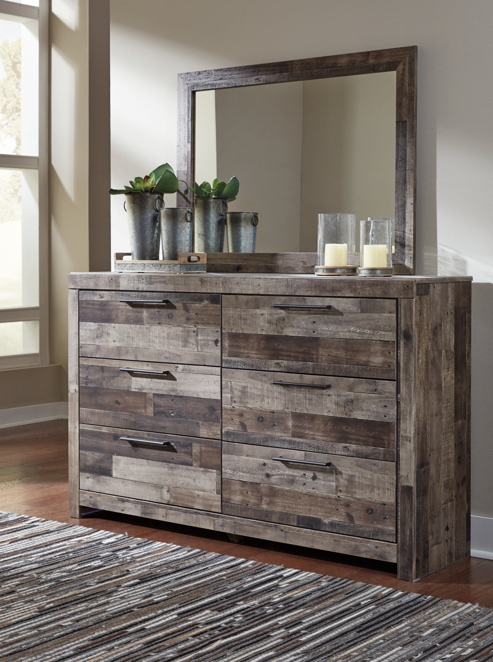 Derekson Queen Panel Bed with 6 Storage Drawers with Mirrored Dresser and Chest - furniture place usa