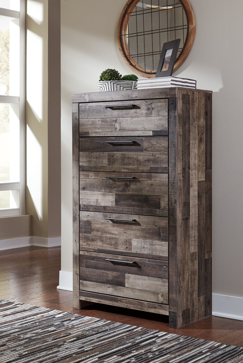 Derekson Queen Panel Bed with 6 Storage Drawers with Mirrored Dresser and Chest - furniture place usa