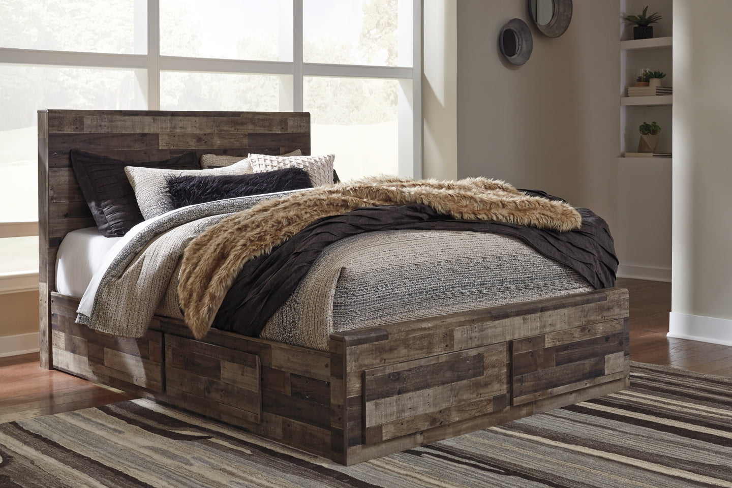 Derekson Queen Panel Bed with 6 Storage Drawers with Mirrored Dresser and Chest - furniture place usa