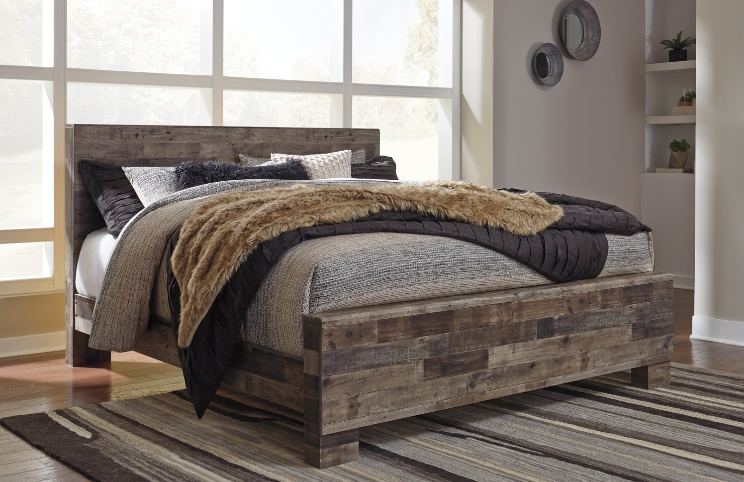 Derekson King Panel Bed with Mirrored Dresser, Chest and Nightstand - furniture place usa