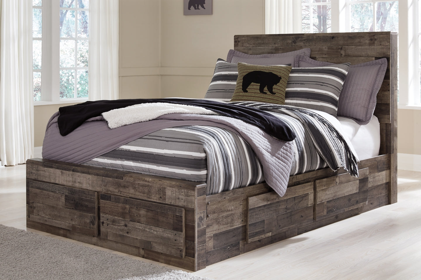 Derekson Full Panel Bed with 6 Storage Drawers with Mirrored Dresser and 2 Nightstands - furniture place usa