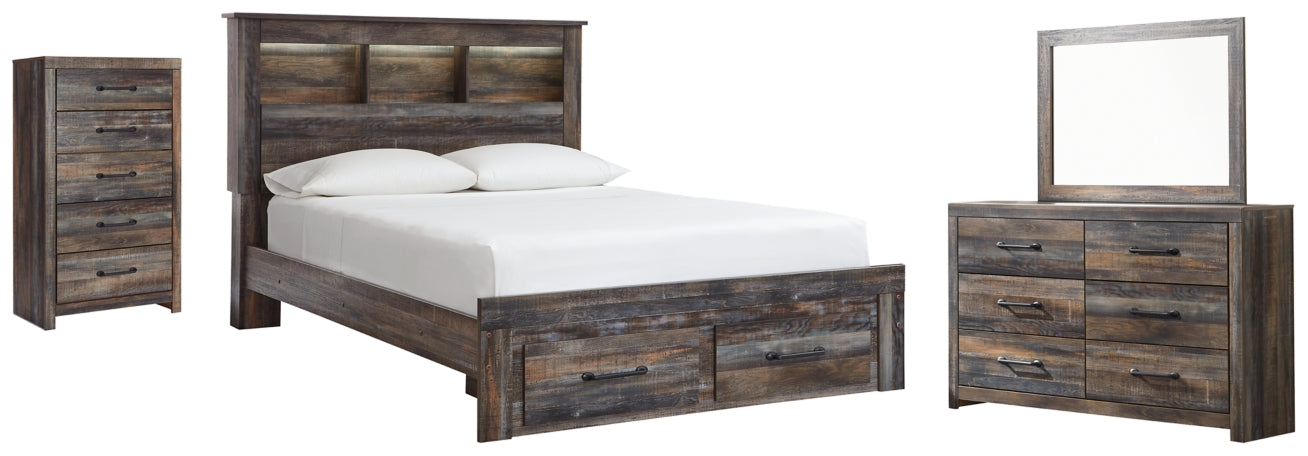 Drystan Queen Bookcase Bed with 2 Storage Drawers with Mirrored Dresser and Chest - PKG003243 - furniture place usa