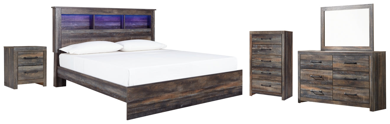 Drystan King Panel Bookcase Bed with Mirrored Dresser, Chest and Nightstand - furniture place usa