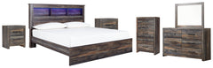 Drystan King Panel Bookcase Bed with Mirrored Dresser, Chest and 2 Nightstands - furniture place usa