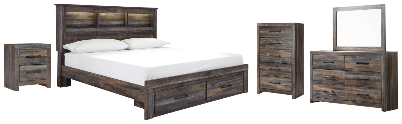 Drystan Queen Bookcase Bed with 2 Storage Drawers with Mirrored Dresser, Chest and Nightstand - PKG003244 - furniture place usa