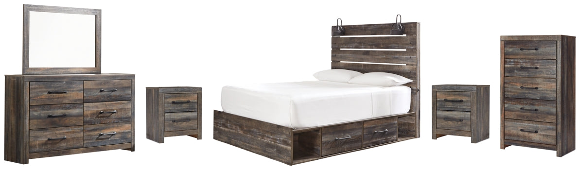 Drystan Queen Panel Bed with 4 Storage Drawers with Mirrored Dresser, Chest and 2 Nightstands - furniture place usa