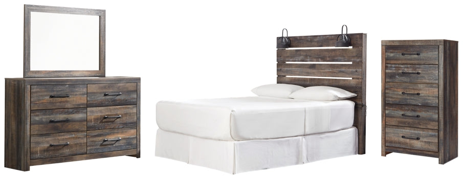Drystan Queen Panel Headboard Bed with Mirrored Dresser and Chest - furniture place usa