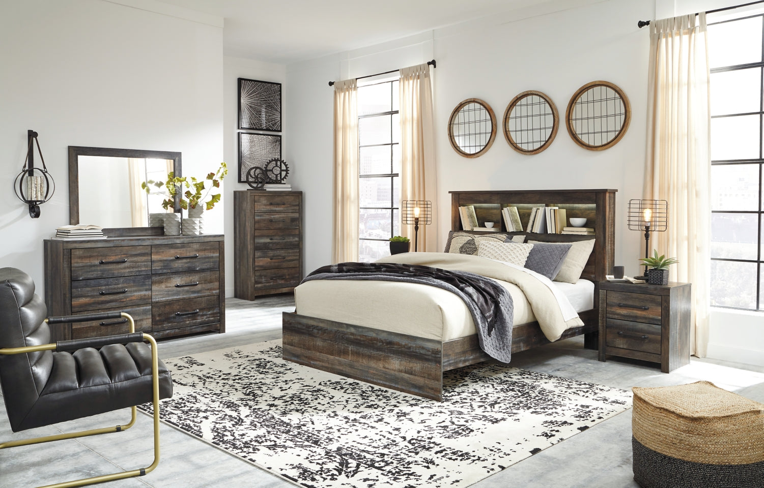 Drystan Queen Bookcase Bed with Mirrored Dresser, Chest and 2 Nightstands - furniture place usa