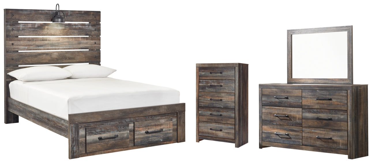 Drystan Queen Panel Bed with 2 Storage Drawers with Mirrored Dresser and Chest - PKG003255 - furniture place usa