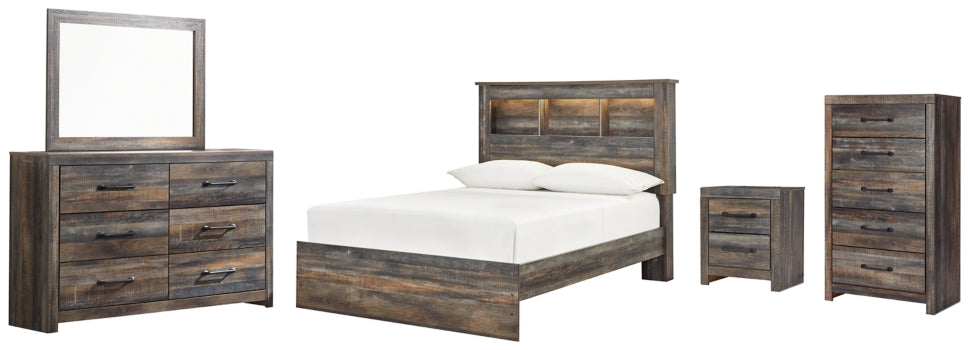 Drystan Full Bookcase Bed with Mirrored Dresser, Chest and Nightstand - furniture place usa