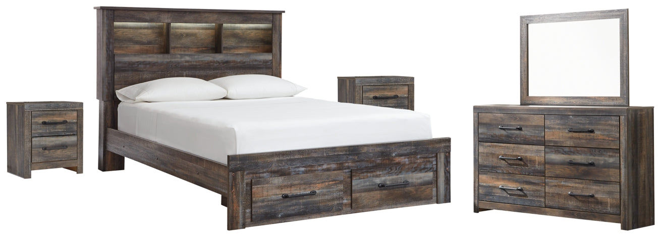 Drystan Queen Bookcase Bed with 2 Storage Drawers with Mirrored Dresser and 2 Nightstands - PKG003242 - furniture place usa