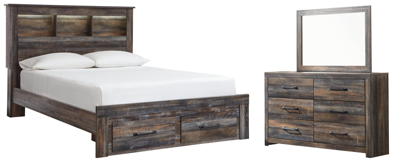 Drystan Queen Bookcase Bed with 2 Storage Drawers with Mirrored Dresser - PKG003241 - furniture place usa