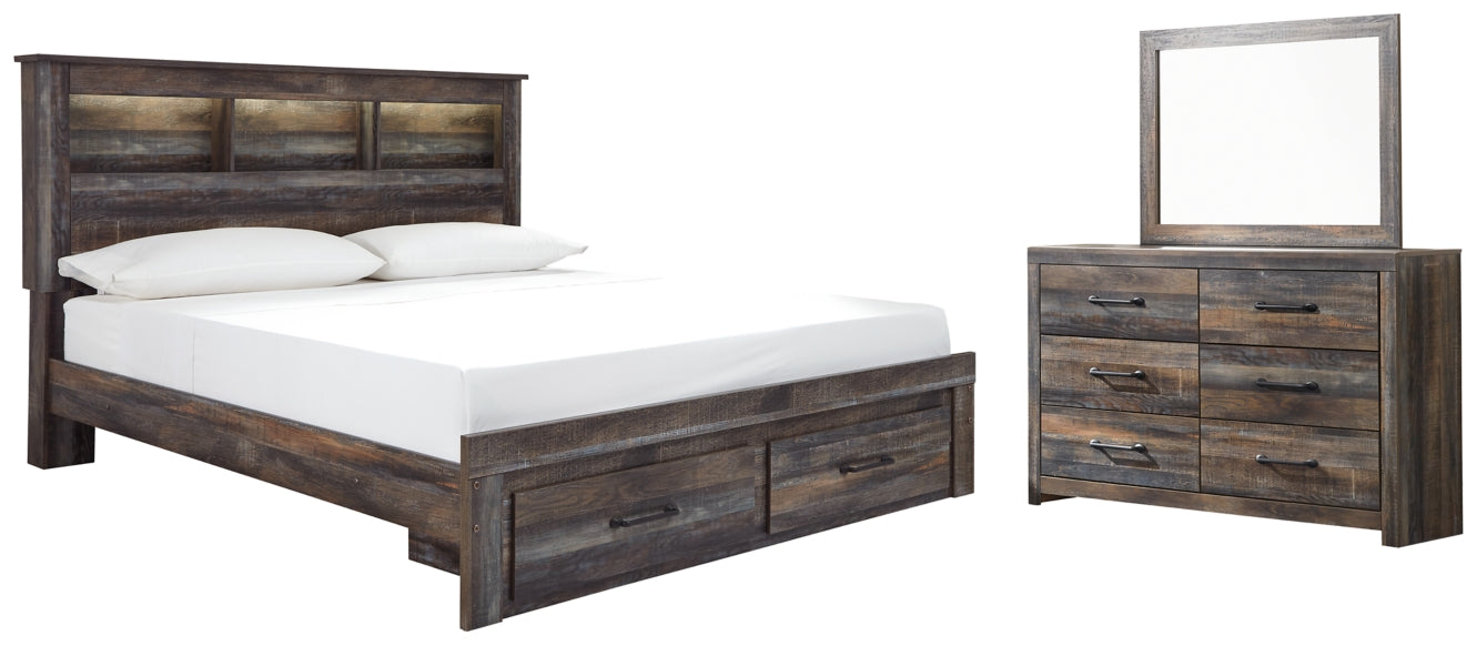 Drystan Queen Bookcase Bed with 2 Storage Drawers with Mirrored Dresser - PKG003241 - furniture place usa
