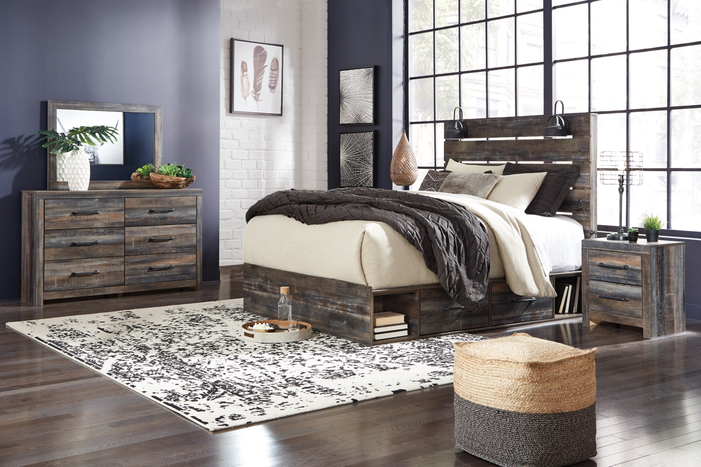 Drystan King Panel Bed with 4 Storage Drawers with Mirrored Dresser - furniture place usa