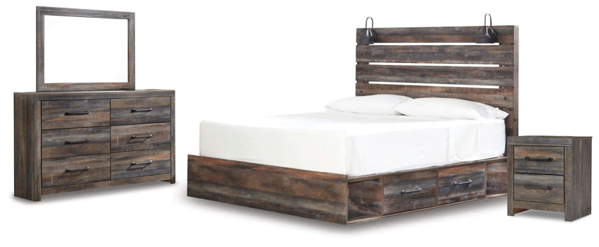 Drystan King Panel Bed with 2 Storage Drawers with Mirrored Dresser and Nightstand - furniture place usa