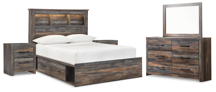 Drystan Full Bookcase Bed with 4 Storage Drawers with Mirrored Dresser and 2 Nightstands - furniture place usa