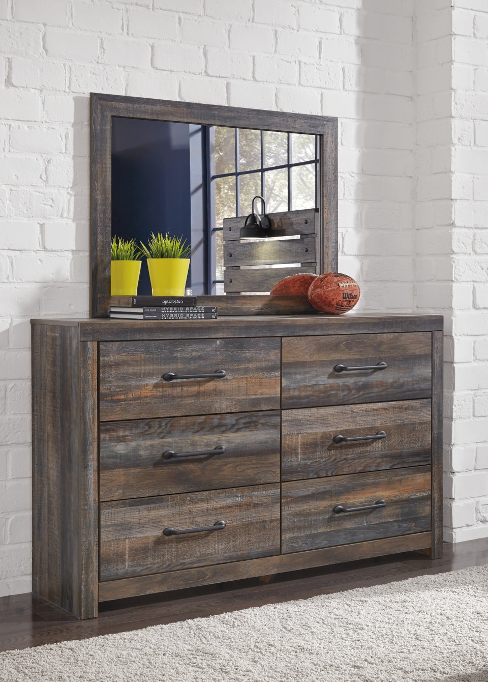 Drystan King Panel Headboard Bed with Mirrored Dresser and 2 Nightstands - furniture place usa