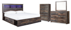 Drystan King Bookcase Bed with 4 Storage Drawers with Mirrored Dresser and Chest - furniture place usa