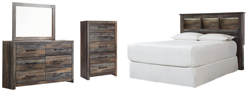 Drystan Queen/Full Bookcase Headboard Bed with Mirrored Dresser and Chest - furniture place usa