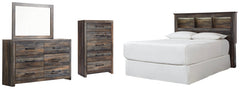 Drystan Queen/Full Bookcase Headboard Bed with Mirrored Dresser and Chest - furniture place usa