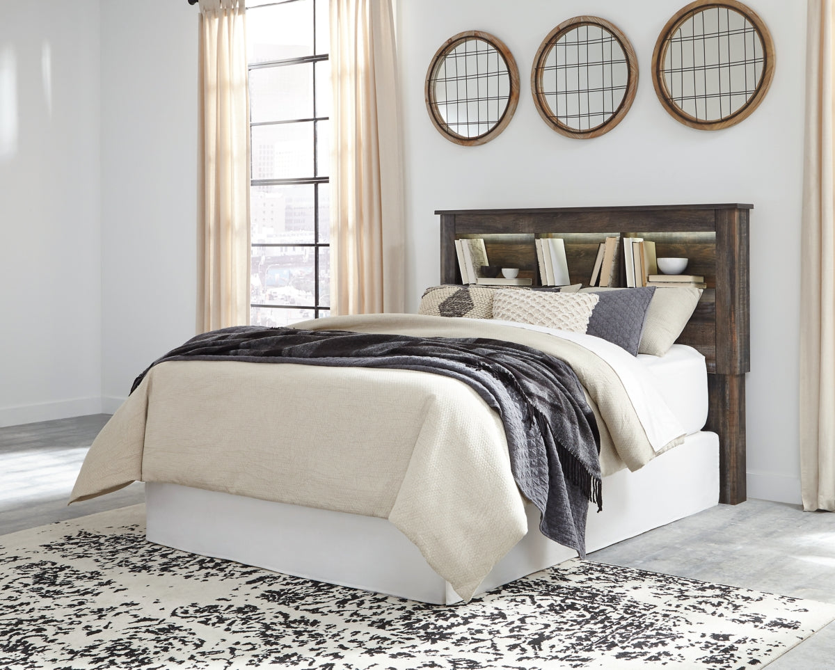 Drystan Queen/Full Bookcase Headboard Bed with Mirrored Dresser and Chest - furniture place usa
