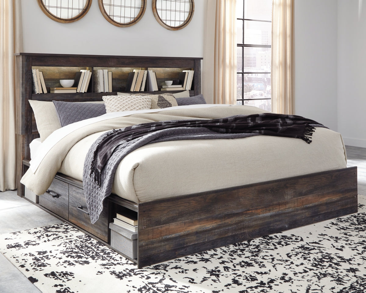 Drystan King Bookcase Bed with 4 Storage Drawers with Mirrored Dresser and Chest - furniture place usa