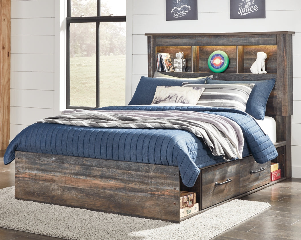 Drystan Full Bookcase Bed with 4 Storage Drawers with Mirrored Dresser, Chest and 2 Nightstands - furniture place usa