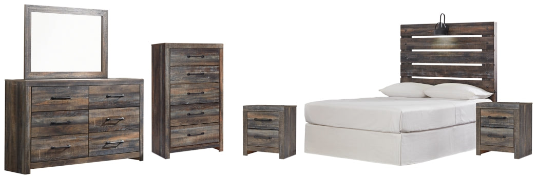 Drystan Full Panel Headboard Bed with Mirrored Dresser, Chest and 2 Nightstands - furniture place usa