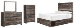 Drystan Queen Panel Bed with 2 Storage Drawers with Mirrored Dresser and Chest - PKG003170 - furniture place usa