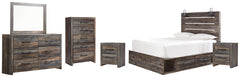 Drystan King Panel Bed with Mirrored Dresser, Chest and 2 Nightstands - furniture place usa
