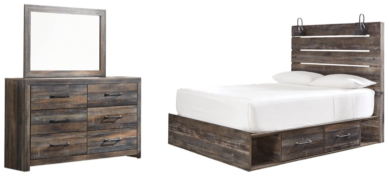 Drystan Queen Panel Bed with 4 Storage Drawers with Mirrored Dresser - furniture place usa
