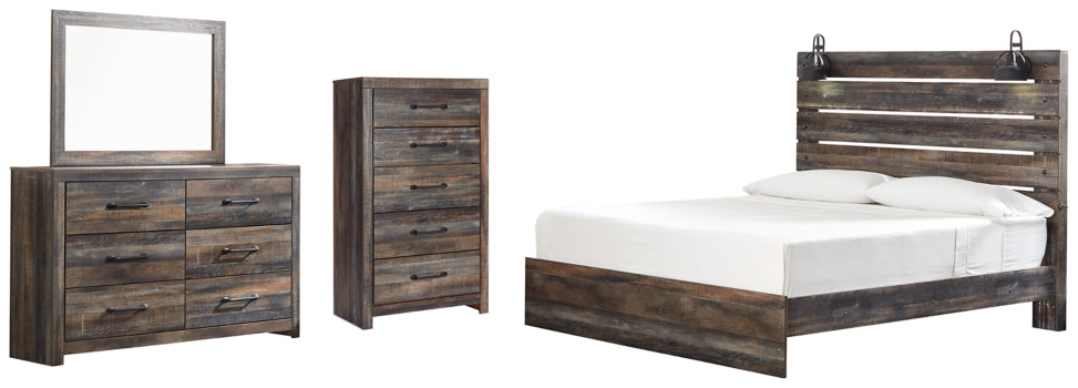 Drystan King Panel Bed with Mirrored Dresser and Chest - furniture place usa