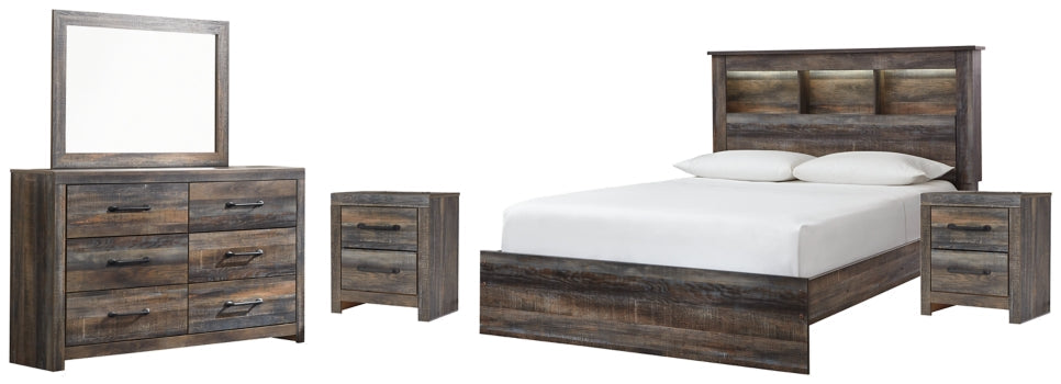 Drystan Queen Bookcase Bed with Mirrored Dresser and 2 Nightstands - furniture place usa