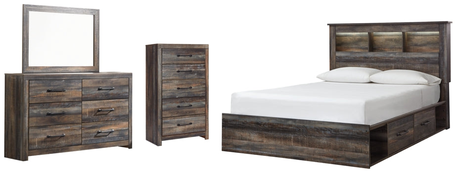 Drystan Queen Bookcase Bed with 2 Storage Drawers with Mirrored Dresser and Chest - PKG003213 - furniture place usa