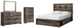 Drystan Queen Bookcase Bed with 2 Storage Drawers with Mirrored Dresser and Chest - PKG003213 - furniture place usa
