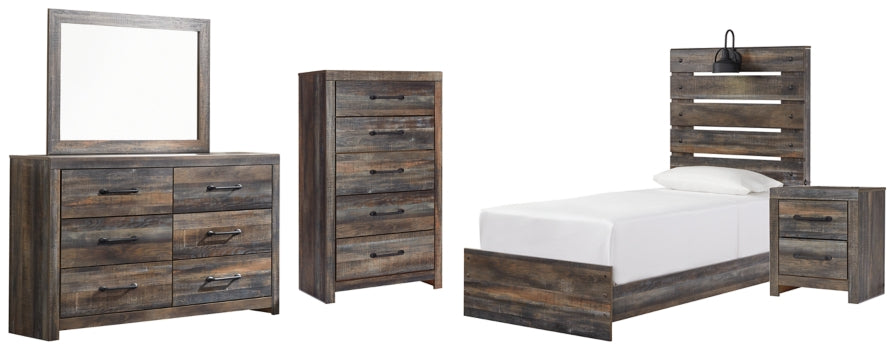 Drystan Twin Panel Bed with Mirrored Dresser, Chest and Nightstand - furniture place usa