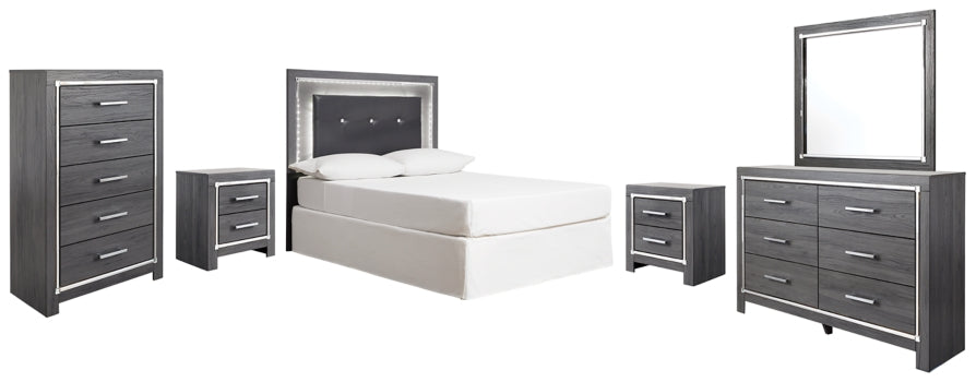 Lodanna Full Upholstered Panel Headboard Bed with Mirrored Dresser, Chest and 2 Nightstands - furniture place usa
