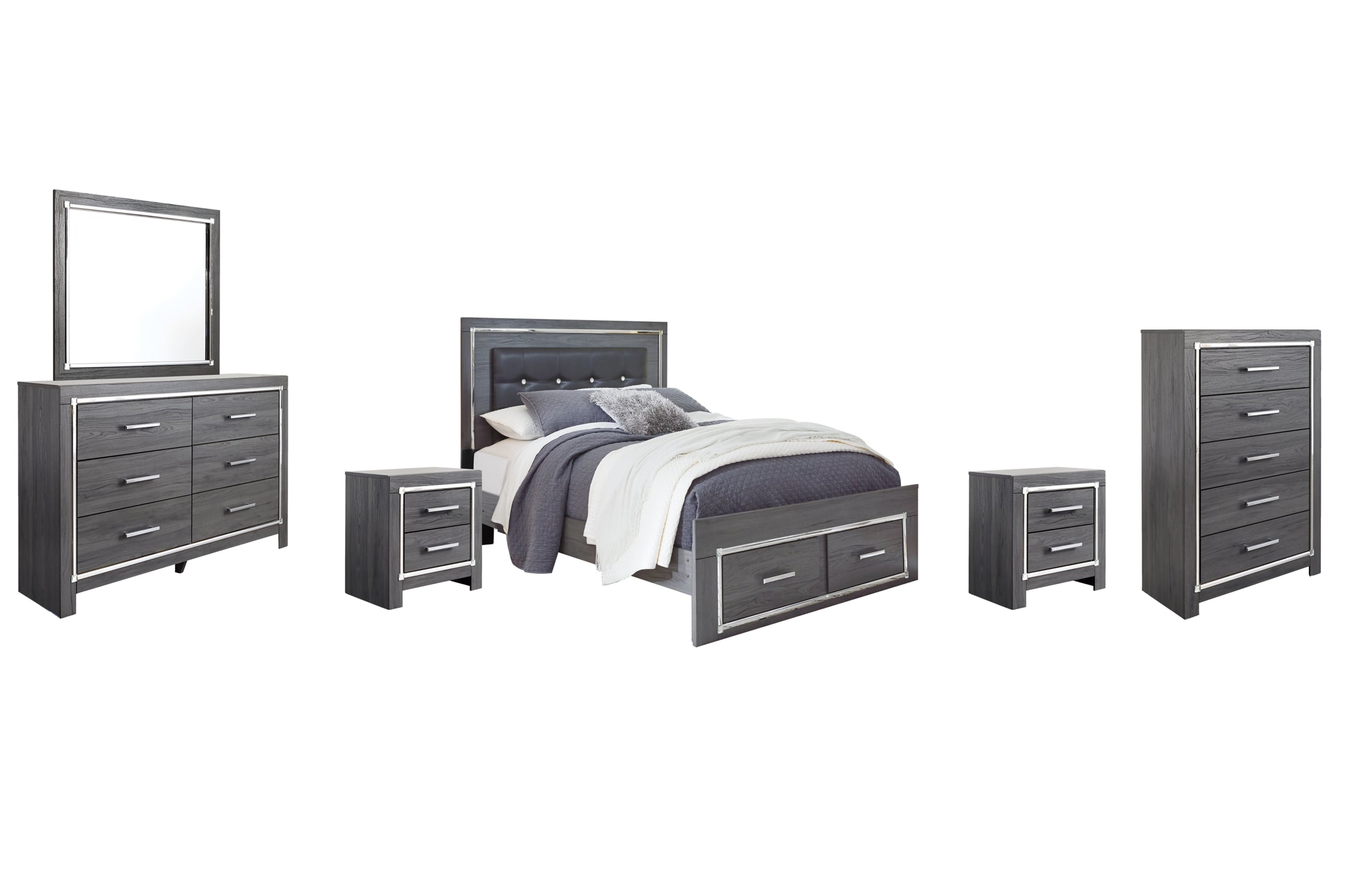 Lodanna Queen Panel Bed with 2 Storage Drawers with Mirrored Dresser, Chest and 2 Nightstands - PKG003605 - furniture place usa
