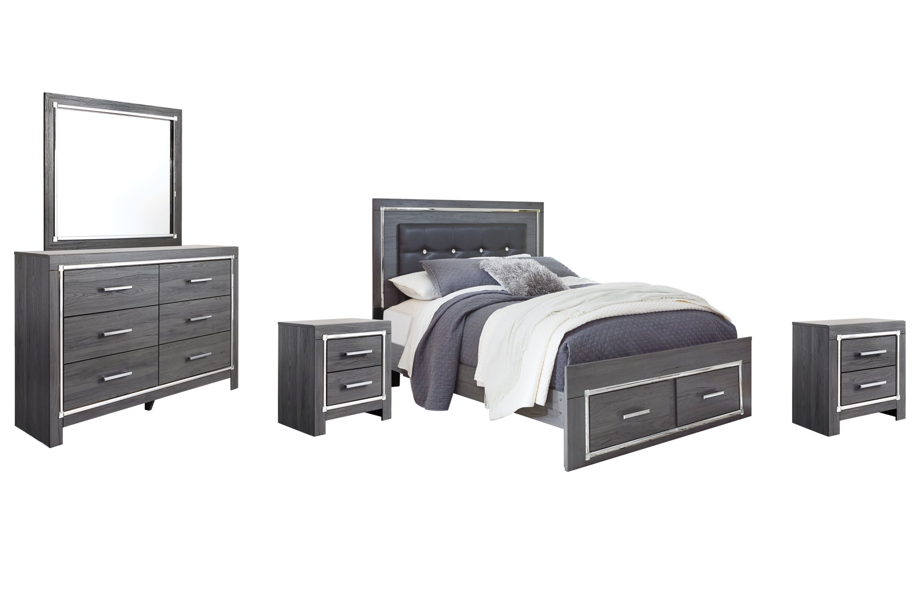 Lodanna Queen Panel Bed with 2 Storage Drawers with Mirrored Dresser and 2 Nightstands - PKG003602 - furniture place usa