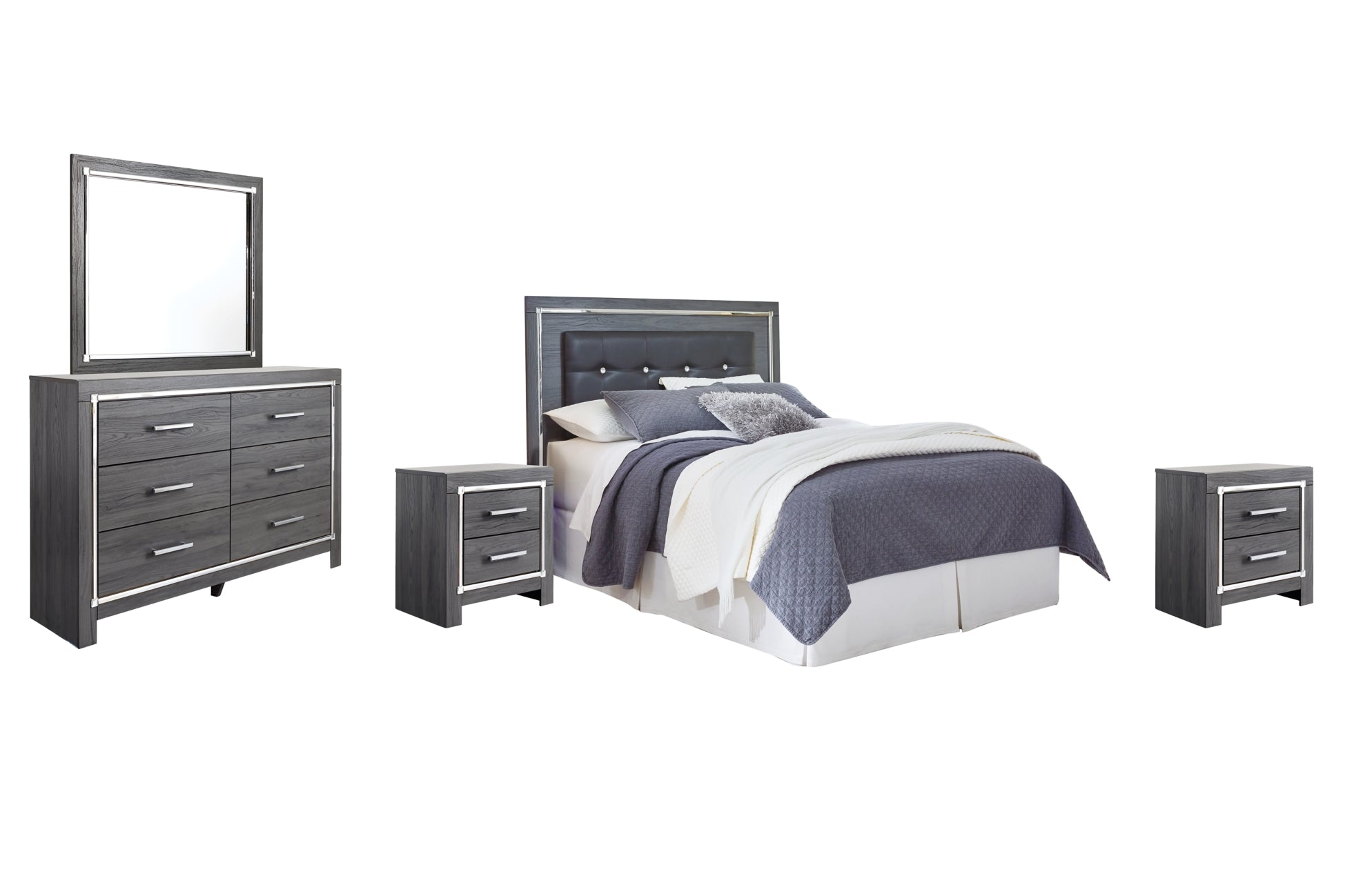 Lodanna Queen/Full Upholstered Panel Headboard Bed with Mirrored Dresser and 2 Nightstands - furniture place usa