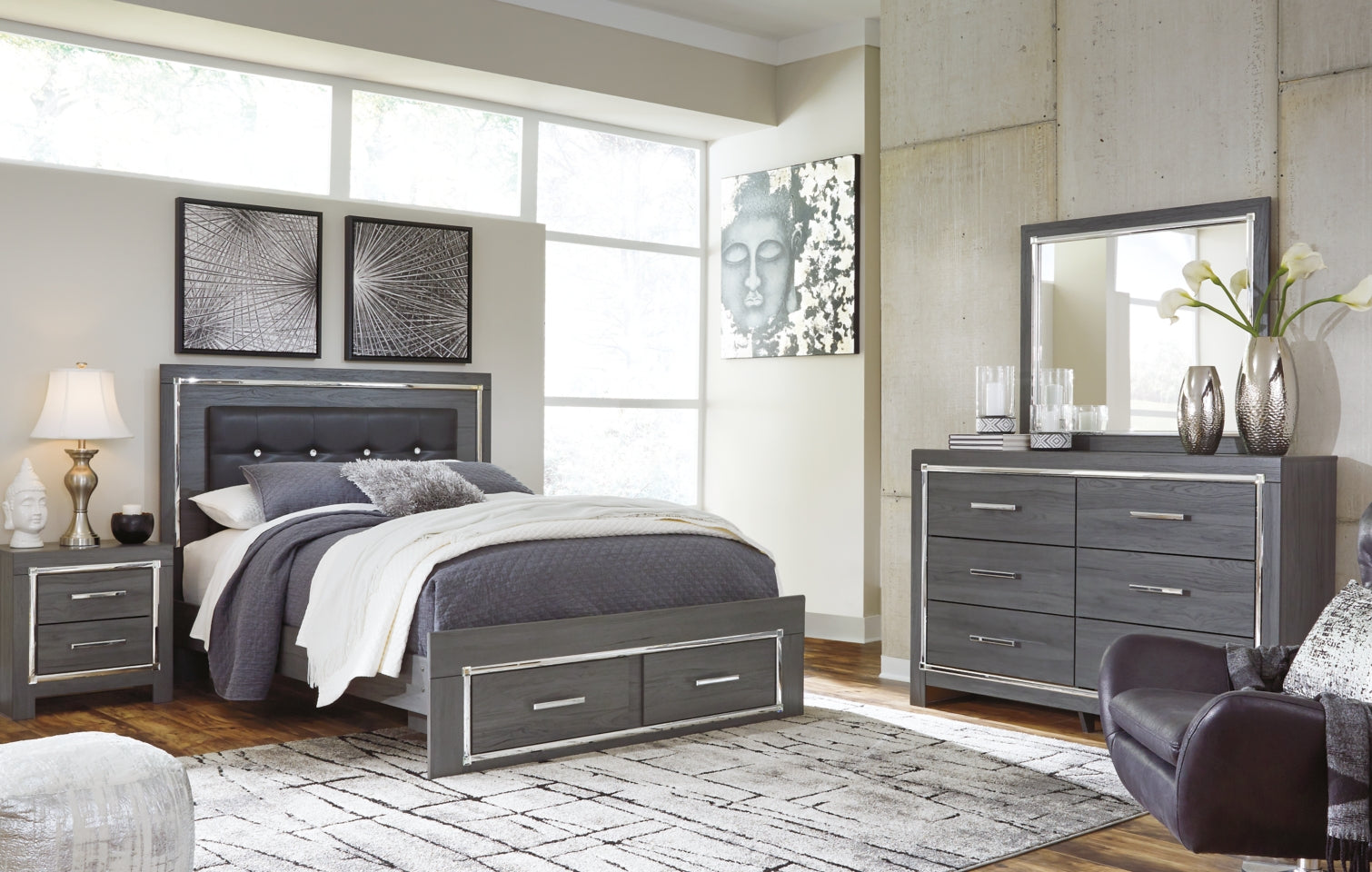 Lodanna Queen Panel Bed with 2 Storage Drawers with Mirrored Dresser, Chest and 2 Nightstands - PKG003605 - furniture place usa