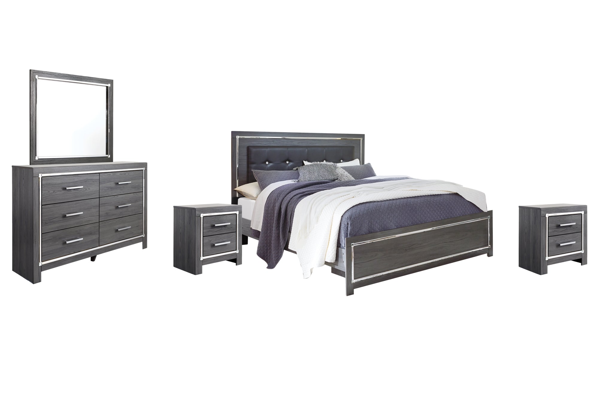 Lodanna King Panel Bed with Mirrored Dresser and 2 Nightstands - furniture place usa