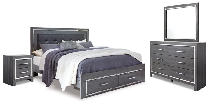 Lodanna King Panel Bed with 2 Storage Drawers with Mirrored Dresser and Nightstand - furniture place usa