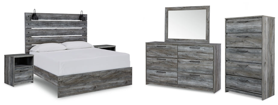 Baystorm Queen Panel Bed with Mirrored Dresser, Chest and 2 Nightstands - furniture place usa