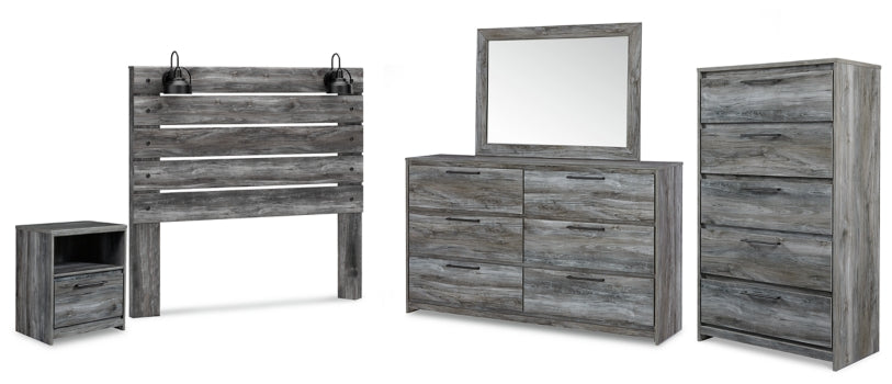 Baystorm Queen Panel Headboard with Mirrored Dresser, Chest and Nightstand - furniture place usa