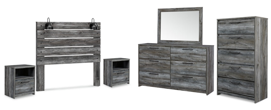 Baystorm Queen Panel Headboard with Mirrored Dresser, Chest and 2 Nightstands - furniture place usa