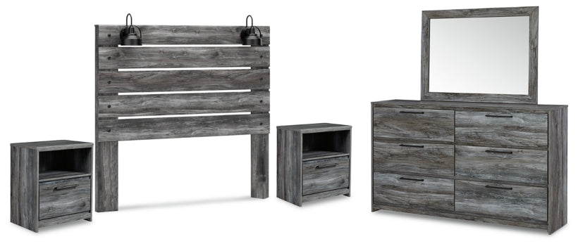 Baystorm Queen Panel Headboard with Mirrored Dresser and 2 Nightstands - furniture place usa