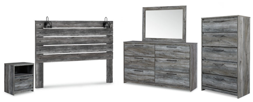 Baystorm King Panel Headboard with Mirrored Dresser, Chest and Nightstand - furniture place usa